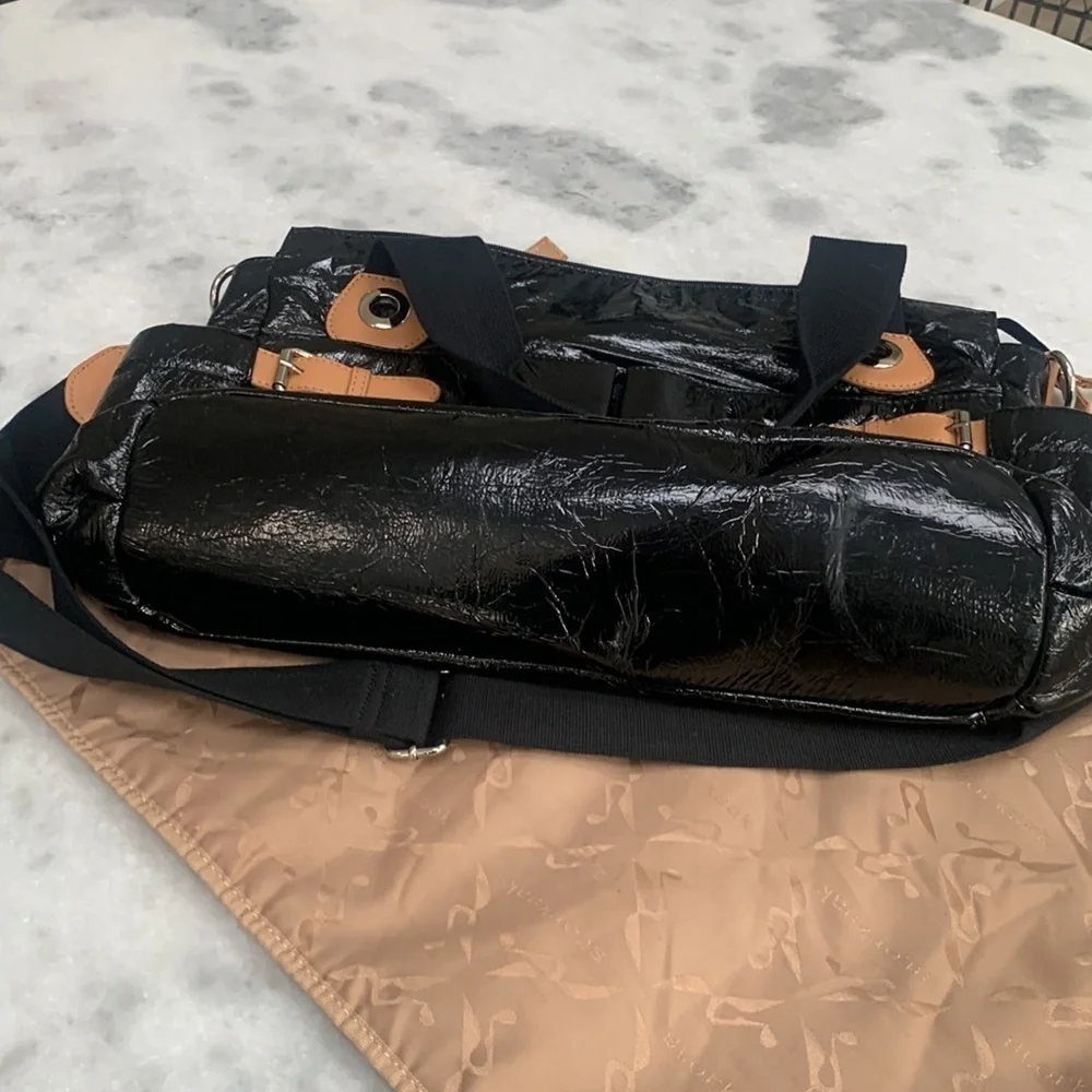 $250 Storksak London Kate Diaper Bag Black Patent Leather w/ Pad